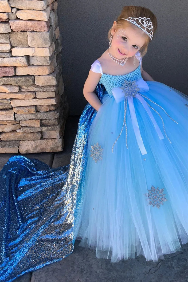 Girls Turquoise Snow Tutu Dress Kids Crochet Tulle Dress Ball Gown with Crown Children Wedding Party Costume Anna Princess Dress