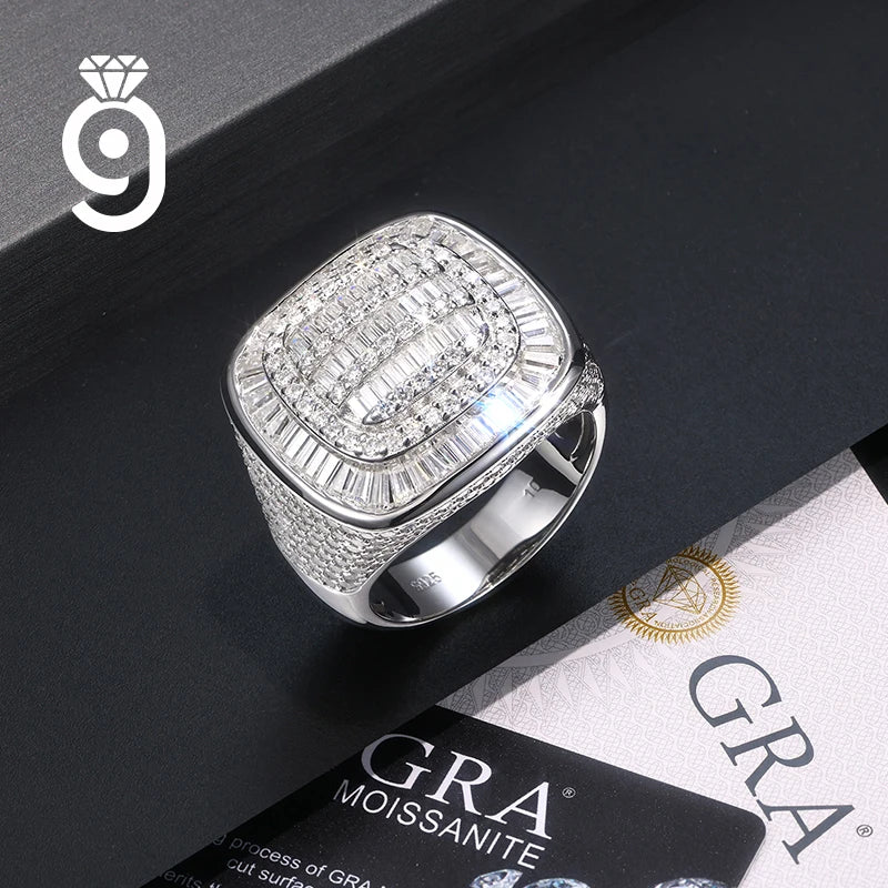 Cushion-Shaped Multi-Cut Full Pave Signet Ring Round & Tapered Baguette Moissanite S925 Sterling SilverHip Hop  Ring