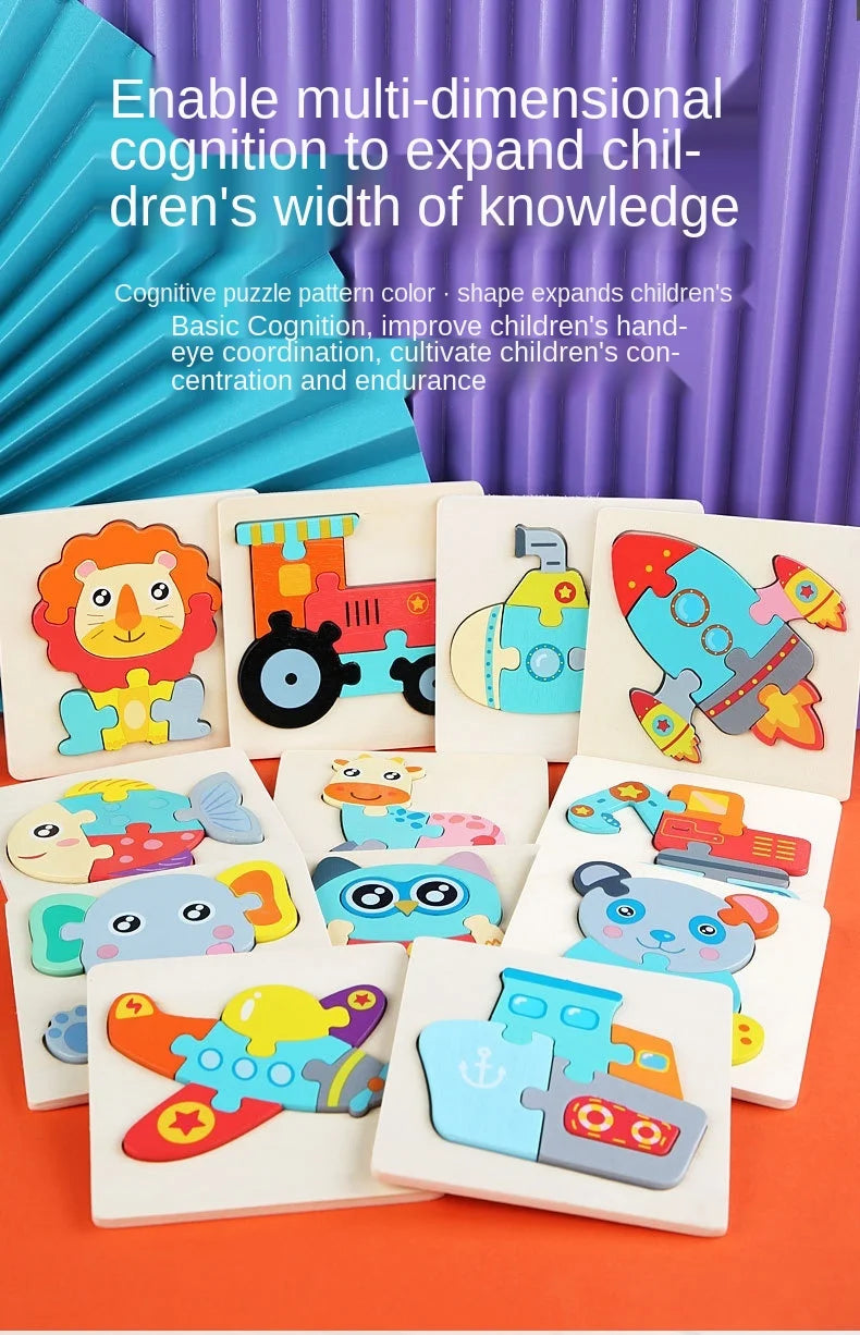 10.7cm/4.21in Kids Colorful 3D Puzzles Montessori Games Cartoon Animals Jigsaw Puzzle Baby Educational Wooden Toys for Children