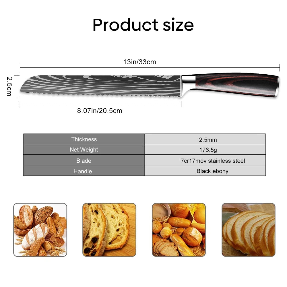 Kitchen Bread Knife Serrated Design Laser Damascus Stainless Steel Blade 8 Inch Chef Knives Bread Cheese Cake Tool