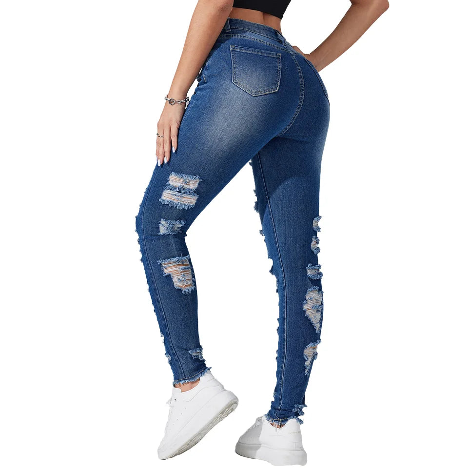 Free Shipping to USA- Wholesale Fashion Women Denim Jeans Blue High Stretchy Ripped Legging Slim Fit Pencil Pants Casual Waist