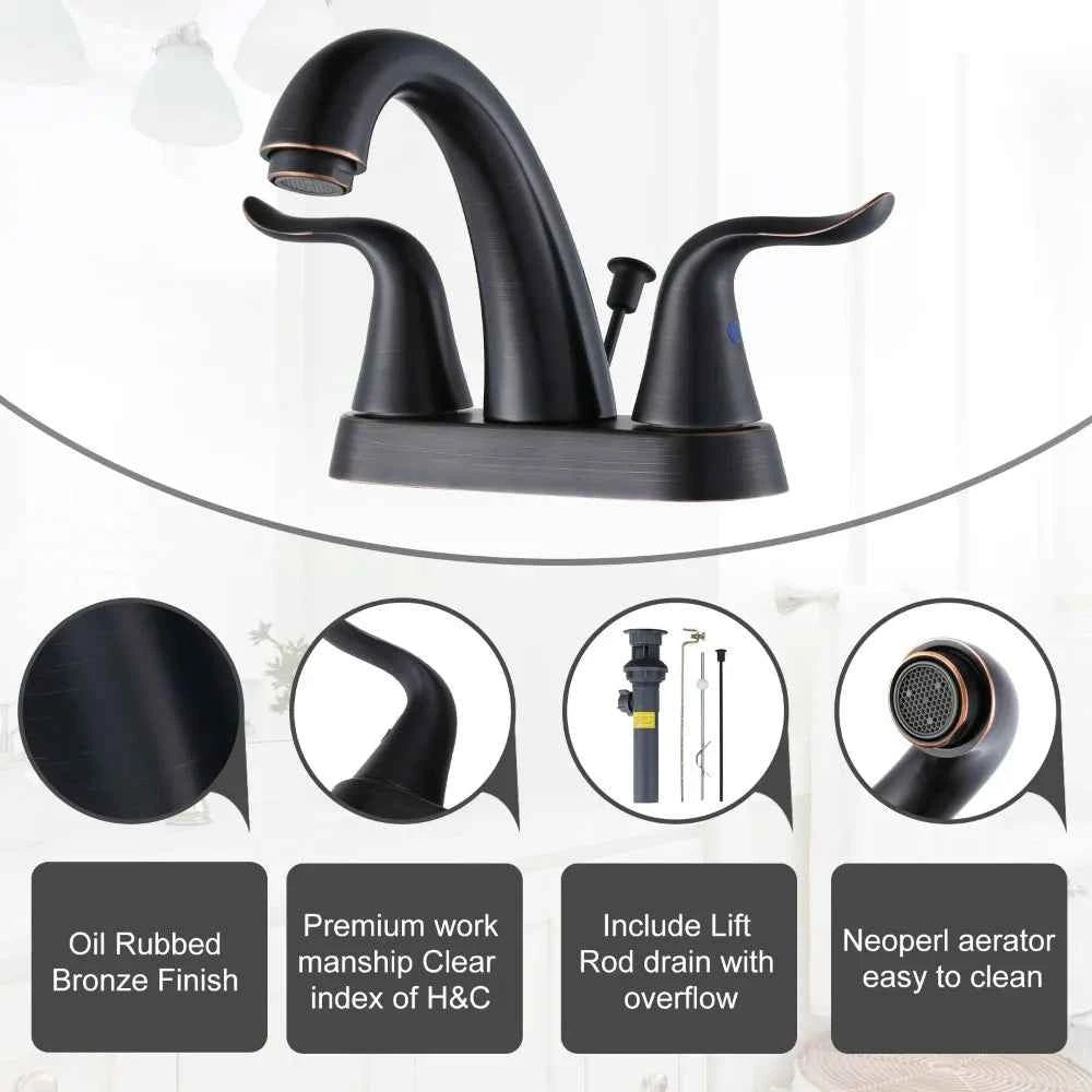 Bathroom Faucet 4 Inch Centerset Oil Rubbed Bronze Wash Basin Faucet with Lift Rod Drain Assembly Lavatory Bathroom Faucet