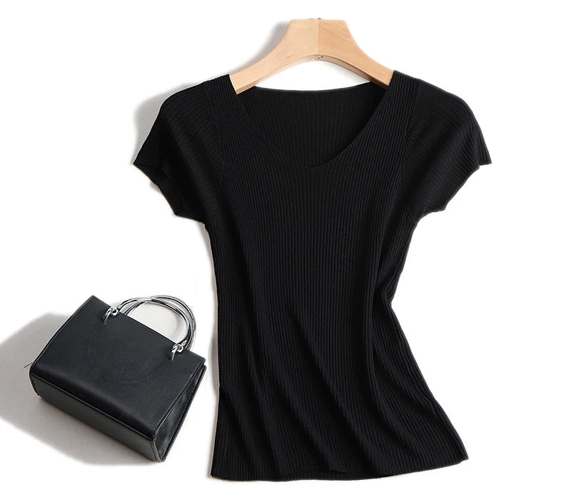Pullover knitted Short Sleeve knitted Sweater Women Spring Summer Slim Basic Solid Casual Base Female knitting shirts 2024 Korea