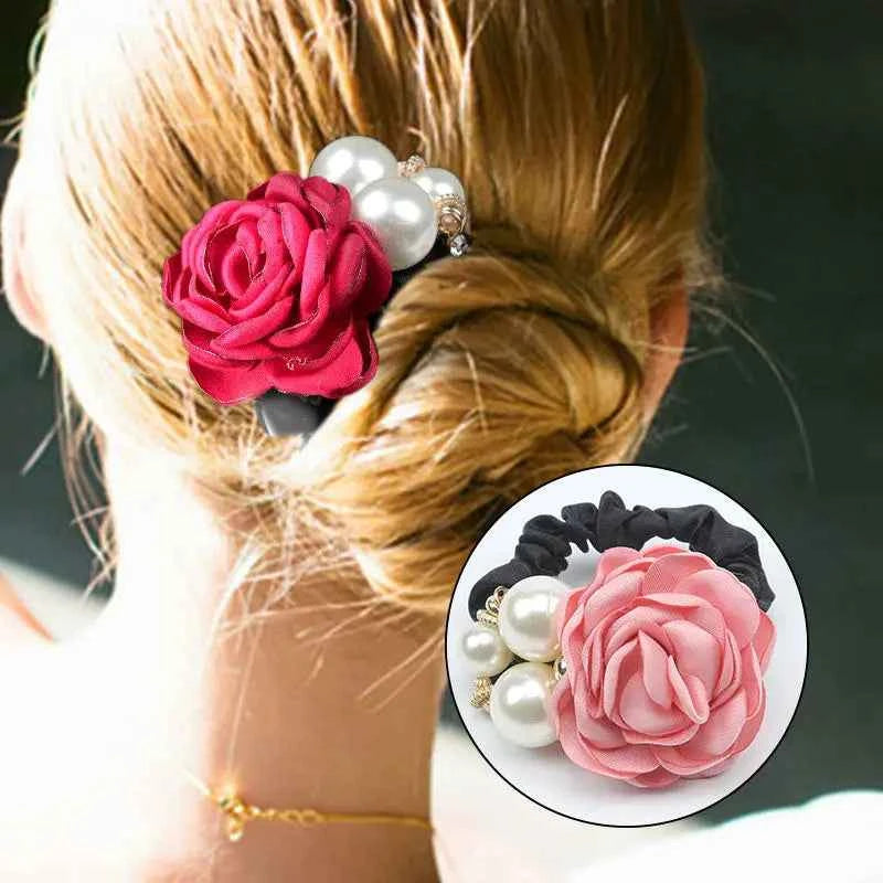 Fashion Women Rose Elastic Scrunchies Hair Bands Big Flower Rhinestones Pearls Flower Hair Rope Rubber Ponytail Hair Accessories