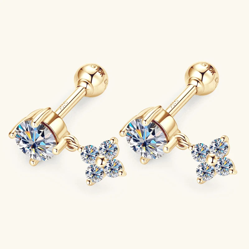 Free Shipping 10K Solid Gold 4mm & 1.6mm Round Moissanite Earrings Jewelry Delicate and Petite Dangling Earrings Wedding Gifts