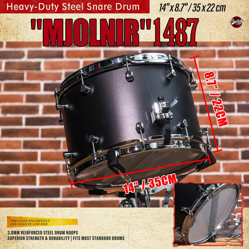 Beatello | Factory Direct | 14"x8.7" Heavy Steel Snare 3.0mm Reinforced Hoops | Rock/Metal Drum Kits | Pro Upgrade | Black