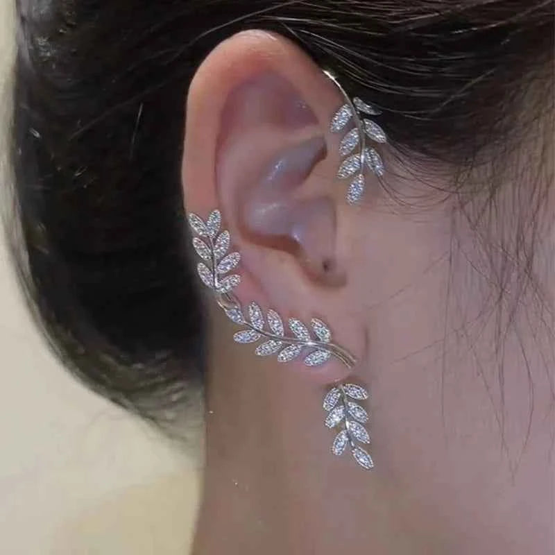 Silver Plated Metal Leaf Butterfly Clip Earrings for Women Ear Clips Without Piercing Sparkling Zircon Ear Cuff Fashion Jewelry