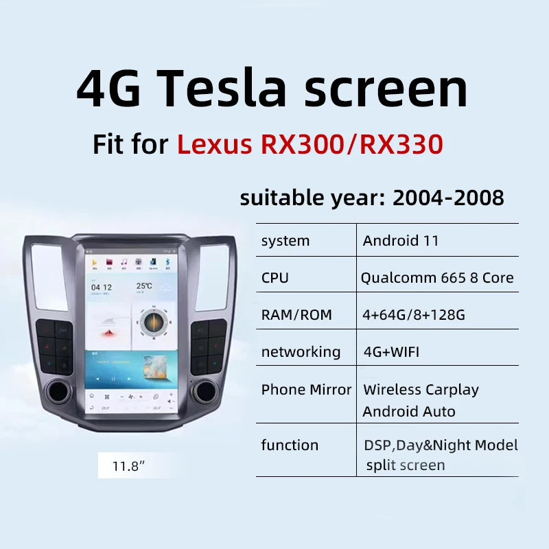 8G+128G 11.8" Android Car Radio for Lexus RX300 RX330 with GPS IPS Touch Screen Mirror Link FM Transmitter 1 Year Warranty