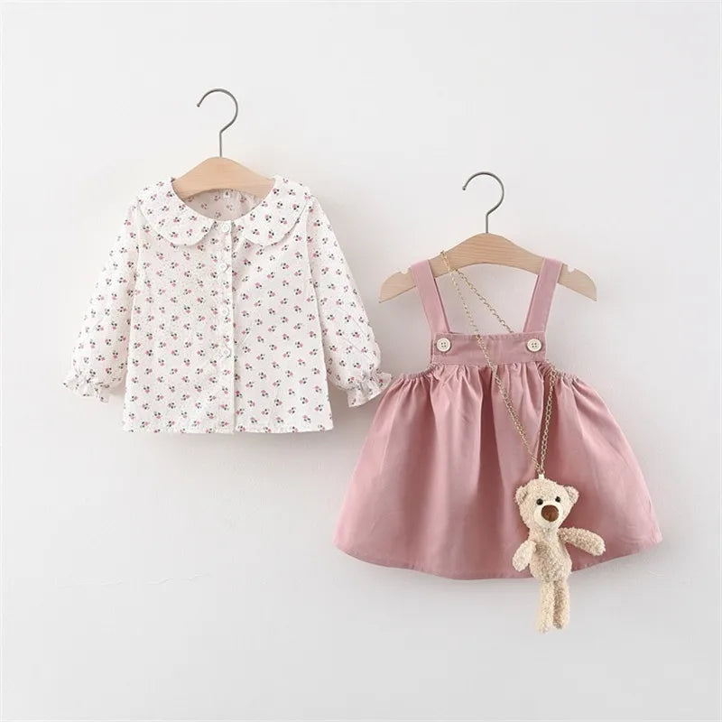 Autumn Baby Girls Clothes Outfits Toddler Princess Flower T-Shirt+ Strap Dress Suits for Girls Clothing 1 Year Birthday Set