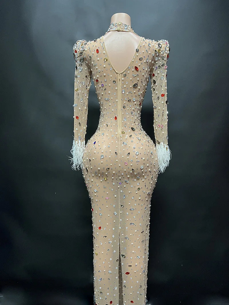 2024 Dropshipping Crystal Pearl Beading Feathers Women Gowns Evening Dresses High End Dress