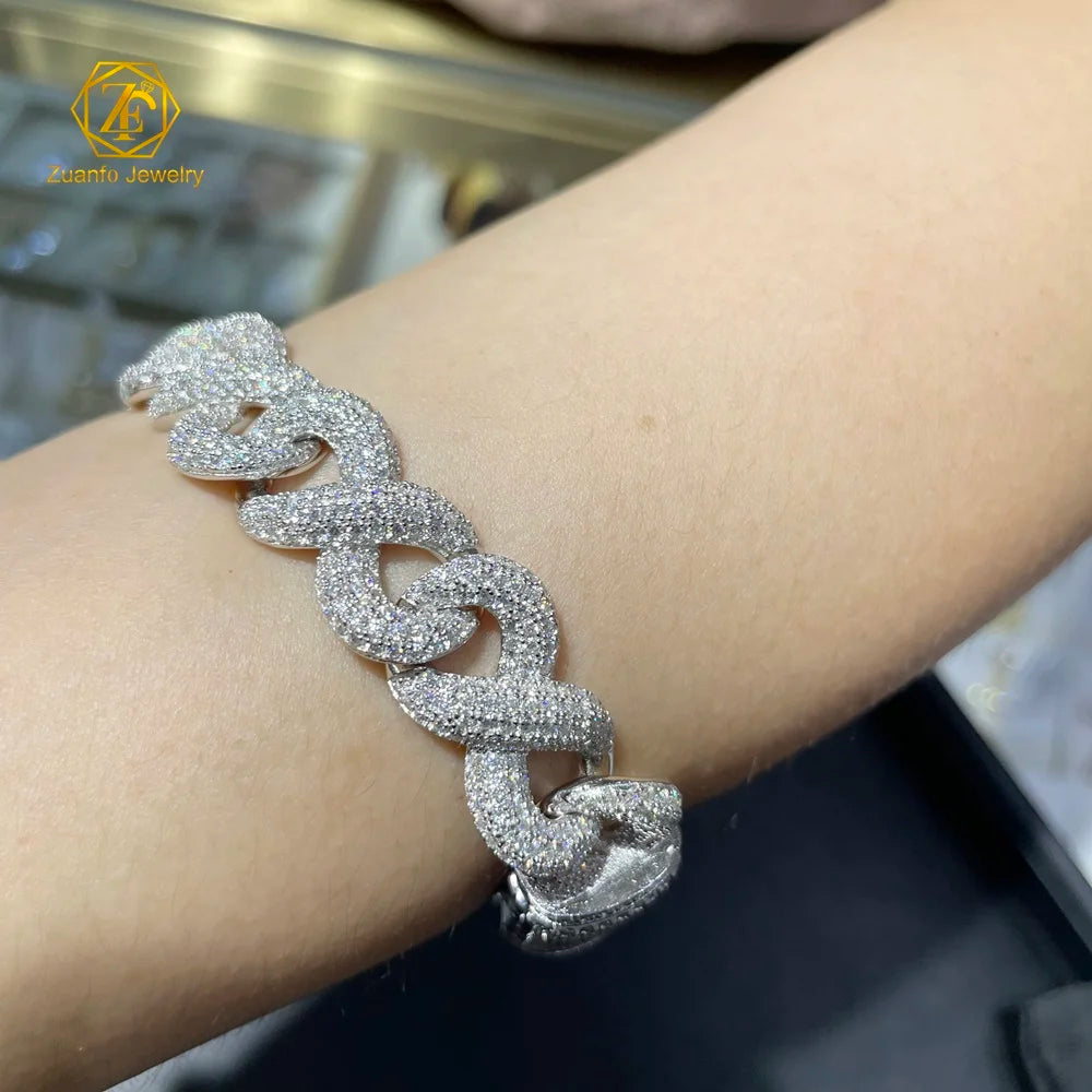 Hiphop Style 925 Silver Gold Plated 15MM Moissanite Infinity Chain Cuban Chain Necklace Bracelet Fine Chain Link Bracelets for