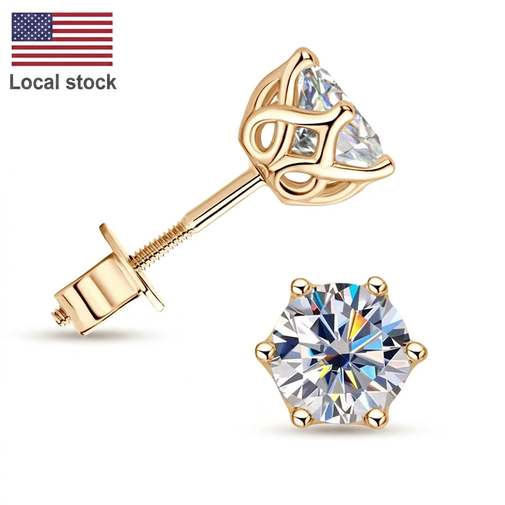 Free Shipping 10K Solid Gold Round Cut Moissanite Stud Earrings Screw Back Earrings Moissanite Earrings Gift with Certificate