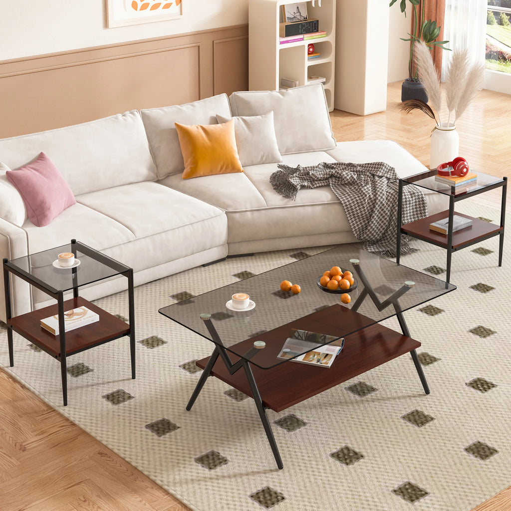 Living Room Set of 3 Piece New Shape Tempered Glass Coffee Table Side Table Set for Living Room Center Area