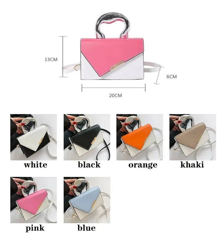 2025 Women's Casual Simple Metal Messenger Bag with Niche Handle Designer Contrasting Color Handbag