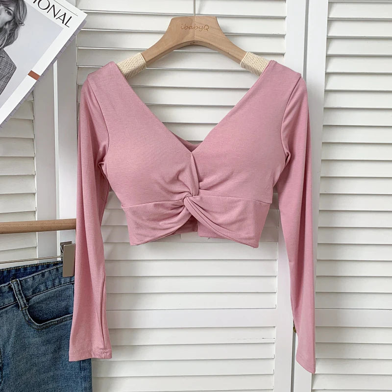 t shirt woman crop tops long sleeve kawaii T shirts built in bra women sexy top harajuku korean fashion