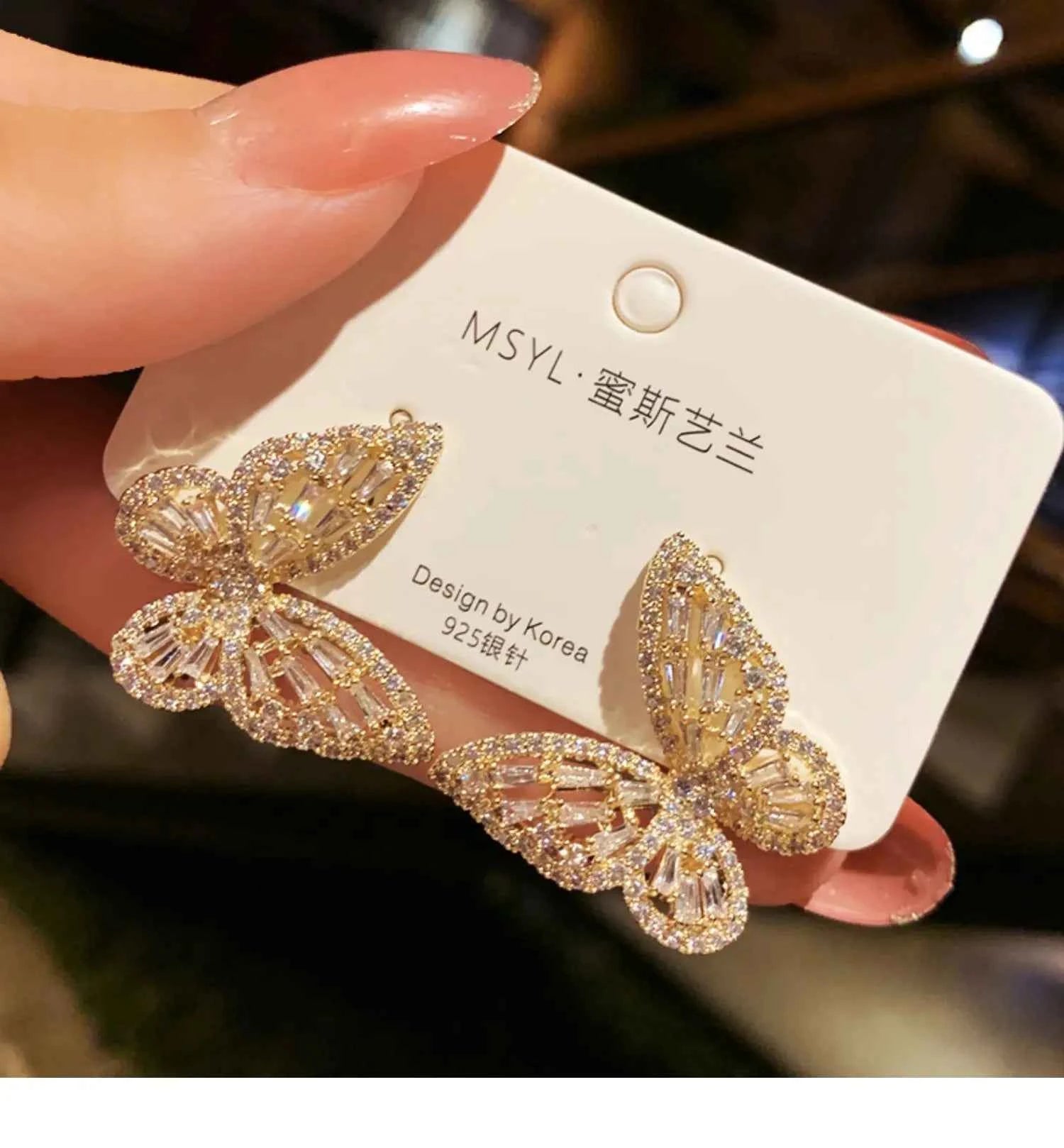 2023 New Butterfly Zircon Earrings Women's Korean Luxury Jewelry Literary Style Earrings Net Red Temperament Simple New Earrings