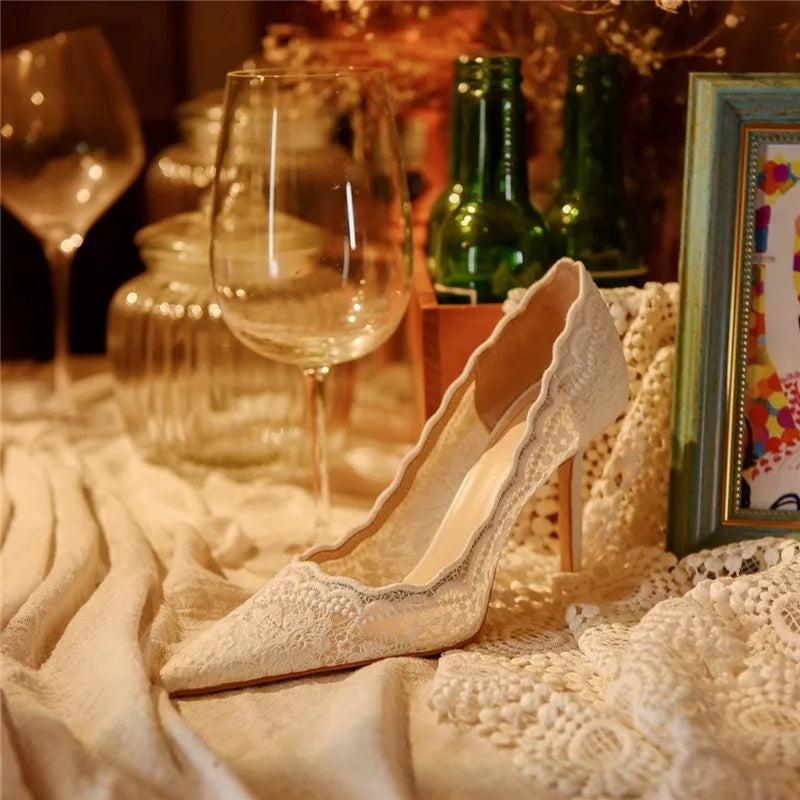 Pointed Toe6CM/8CM/10CM Ladies Lace Pumps White Wedding Sandalias Woman High Heel Sandals Fashion High Heel Lady Shoes