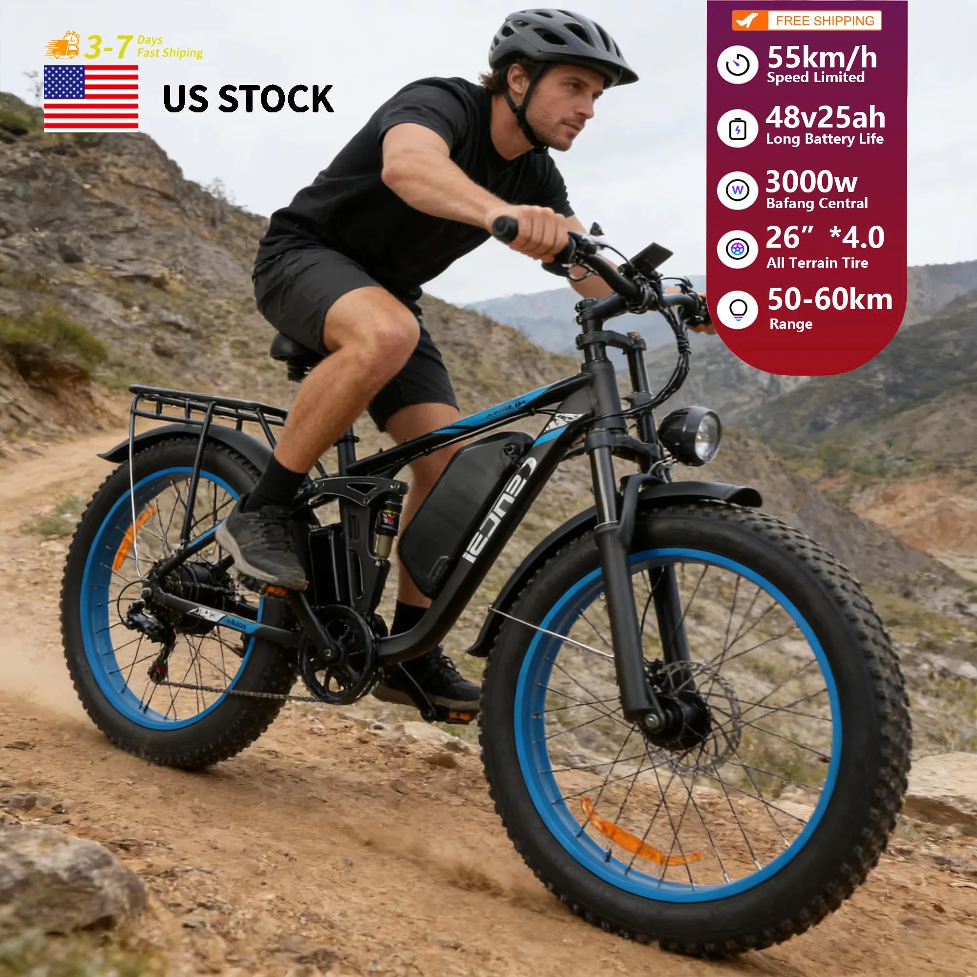 US in Stock Free Shipping Electric Mountain Snow Bike 48v 3000w 55kmh/34mph 60km Range All Terrain Fat Tire E-Bike
