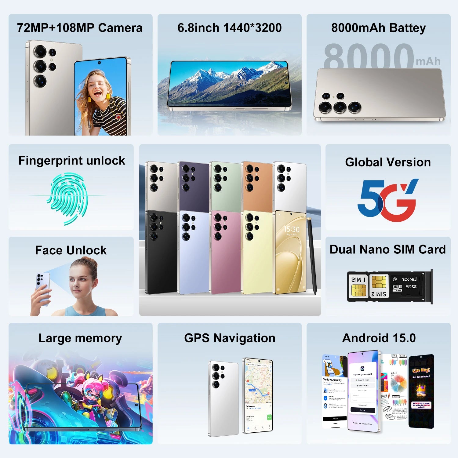 Hot Selling S25Ultra 16+1TB Qudad Core Android Phone with Face Recognition& HD Screen Cellphone Android 15 4g 5g Mobile Phones
