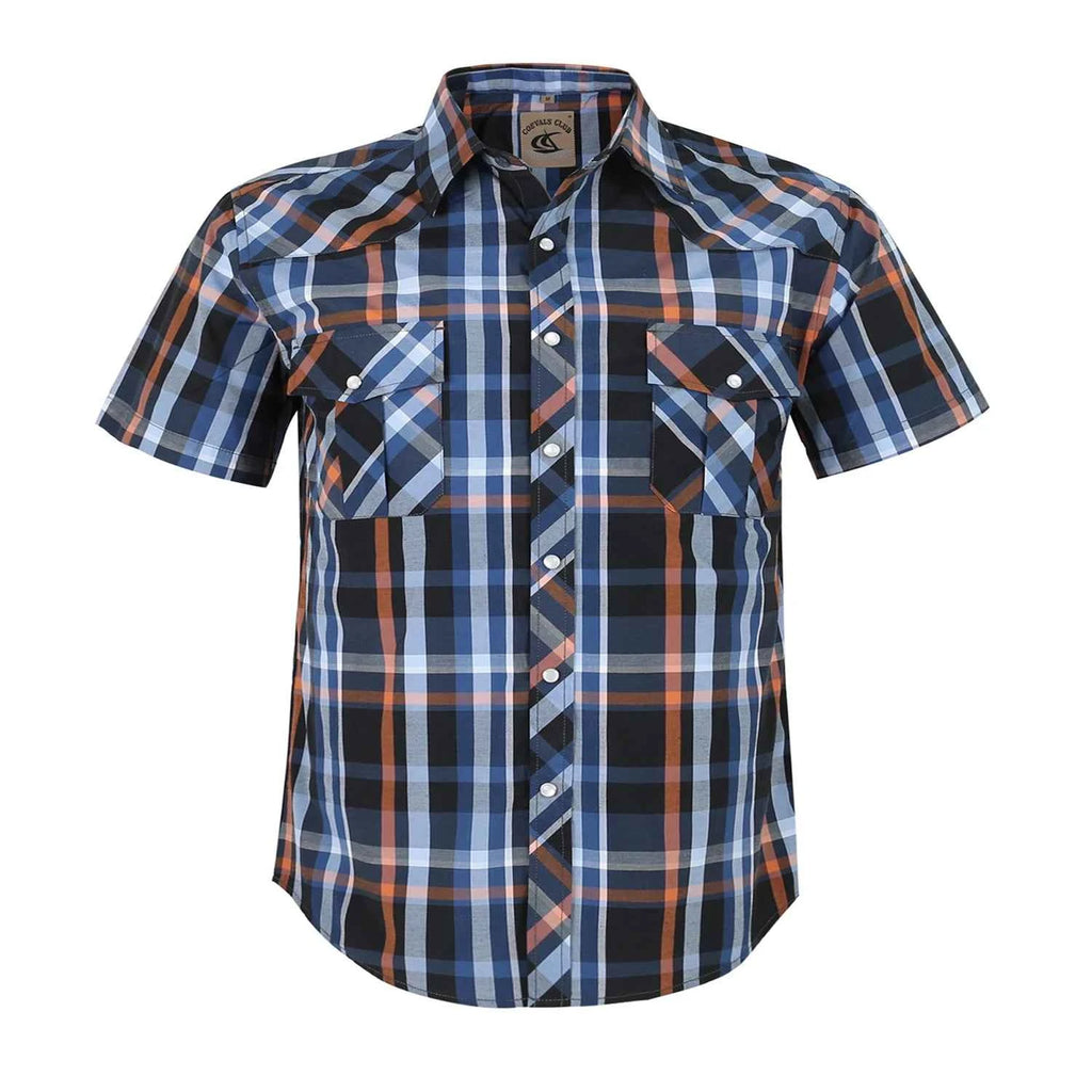 Men's Western Pearl Snap Button up Casual Cowboy Short Sleeve Two Pockets Work Plaid Shirts