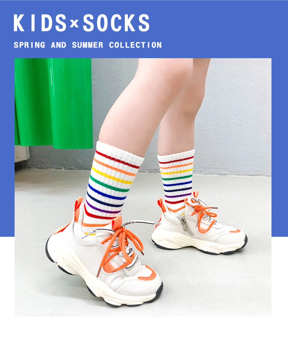 Kids Knee High Rainbow Socks Spring Summer Toddler Child Girls Boys Cotton White School Socks Stripe Long Sock Baby Accessories