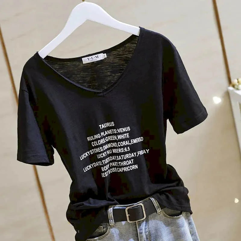 T Shirt Women 2026 New V-neck Loose Top Slub Cotton Letters Wild Short-sleeved Bottoming Shirts Female T Shirt Ins Tide Sexy Top