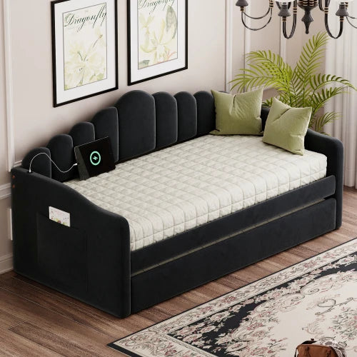 Modern Twin Size Velvet Upholstered Daybed Trundle USB Charging Ports Convertible Living Room Sofa Bed No Boxspring Needed Black