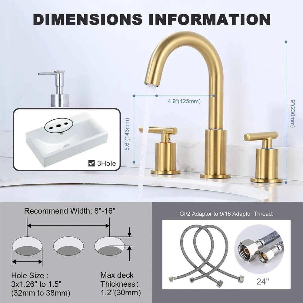 Brushed Gold Bathroom Vanity Water Faucet with 360 Degree Swivel Spout Bathroom Sink Faucet 3 Hole 2 Handle Gold Sink Faucet