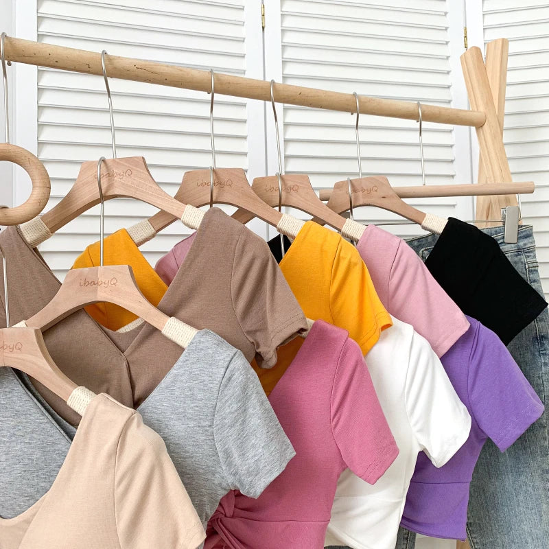 T Shirt  Woman Crop Tops Basic Short Sleeve Kawaii T Shirt Built In Bra Women Sexy Top Harajuku Korean Fashion