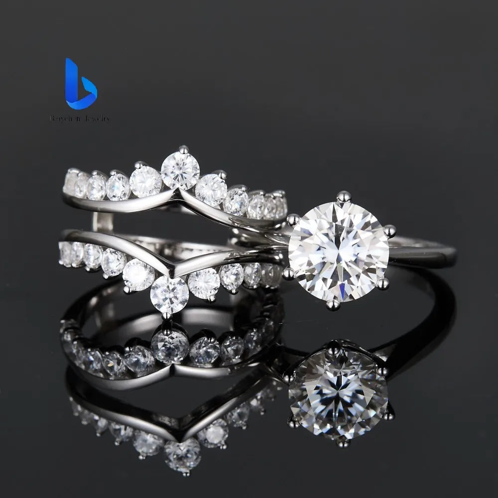 Luxury S925 Silver Wedding Set Prong Set Round Brilliant Cut Moissanite Engagement Ring