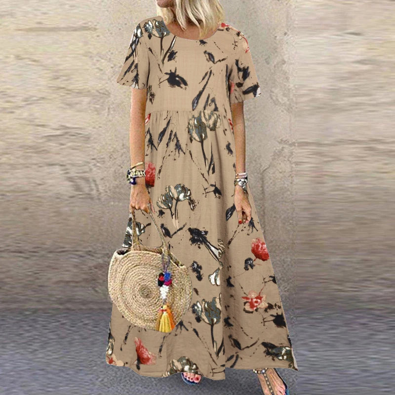 ZANZEA Summer Maxi Dress Women's Vintage Printed Sundress Casual Loose Short Sleeve Vestidos Vacation High Waist Robe Femme 2024