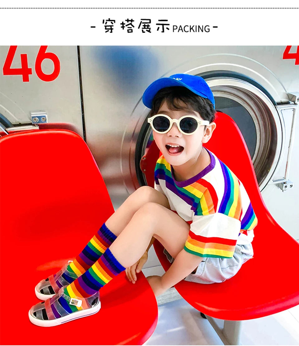 Kids Knee High Rainbow Socks Spring Summer Toddler Child Girls Boys Cotton White School Socks Stripe Long Sock Baby Accessories