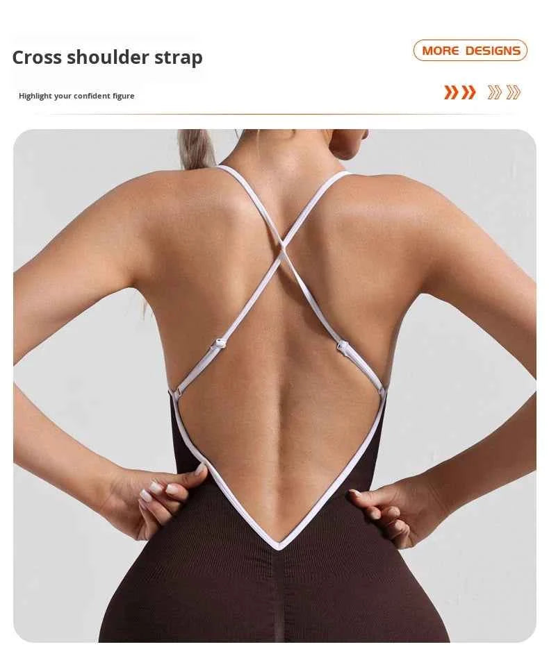 Women Seamless Quick-Drying Cross-Back Design Jumpsuit  Contrasting Color Straps One-Piece Shorts