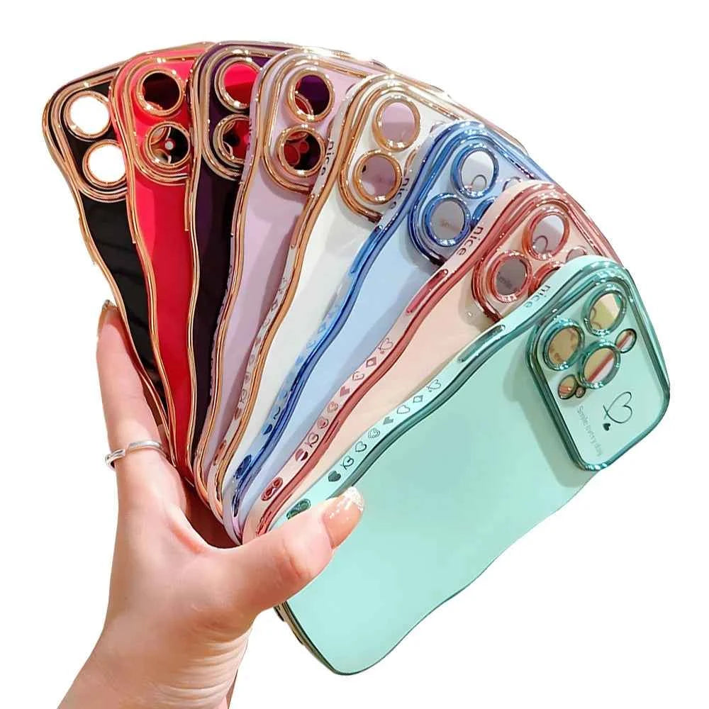 Luxury Electroplate Love Heart Silicone Wavy Phone Case for iPhone 16pro Mobile Phone Cases 17