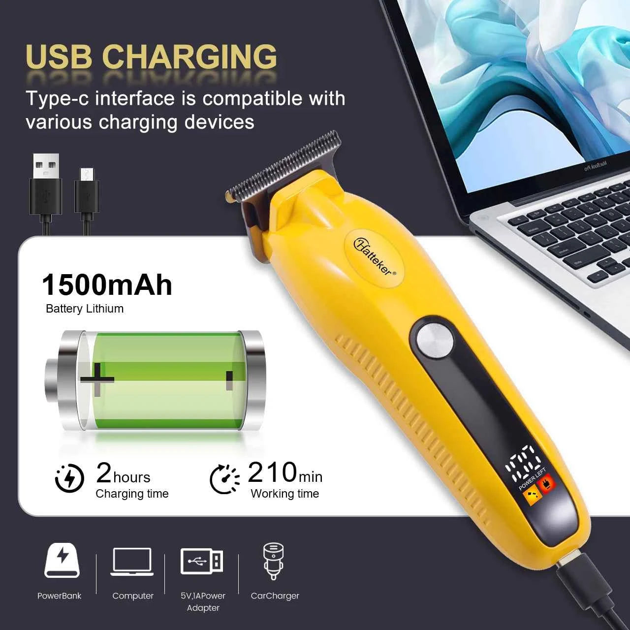 Hatteker Cordless Barber for Clippers LED Display Stainless Steel USB Household Beard Trimming Hair Cutting