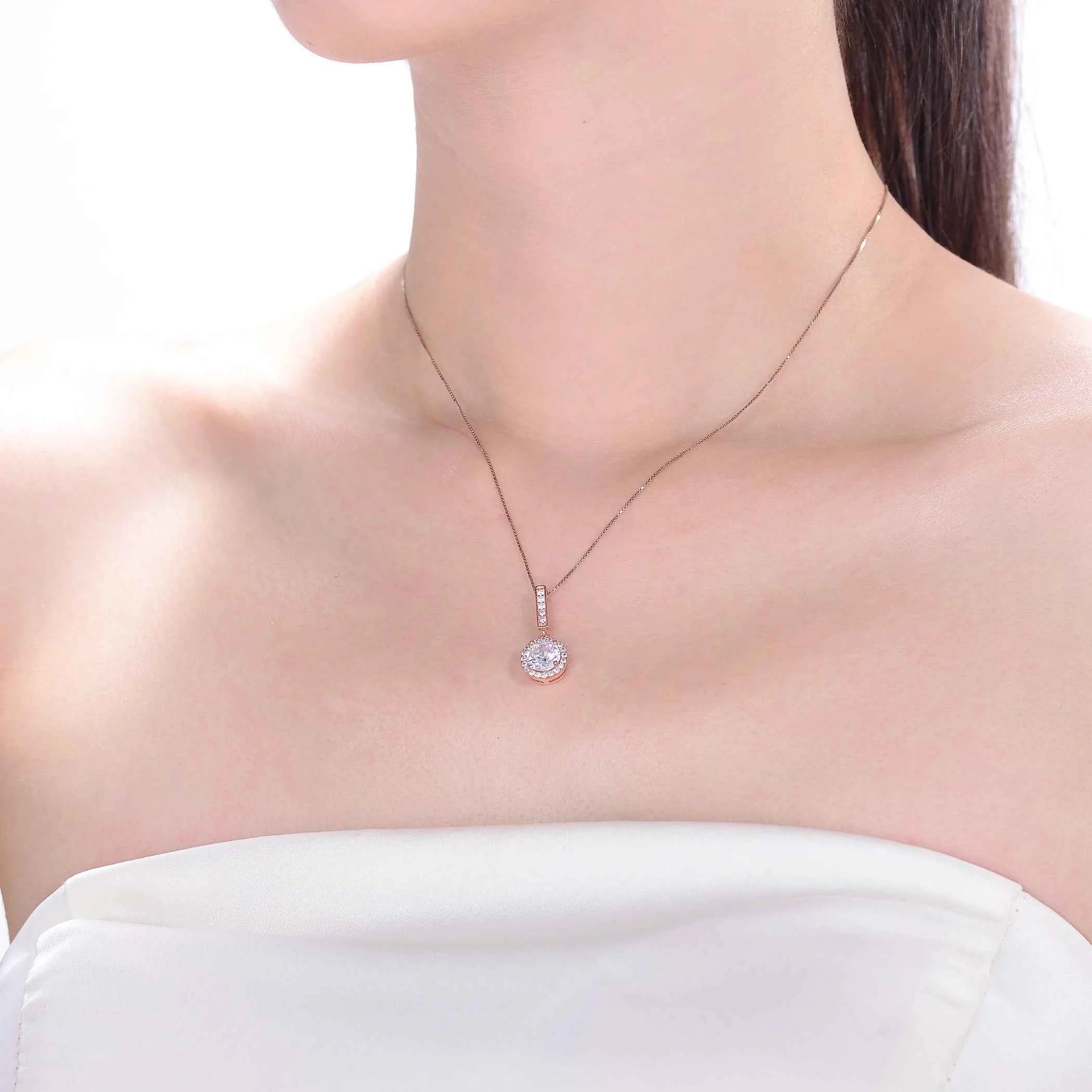 TD Collette Z Sterling Silver Pendant Necklace with Rose Gold Plating Clear Cubic Zirconia Solitaire Halo Featuring Zircon Pearl