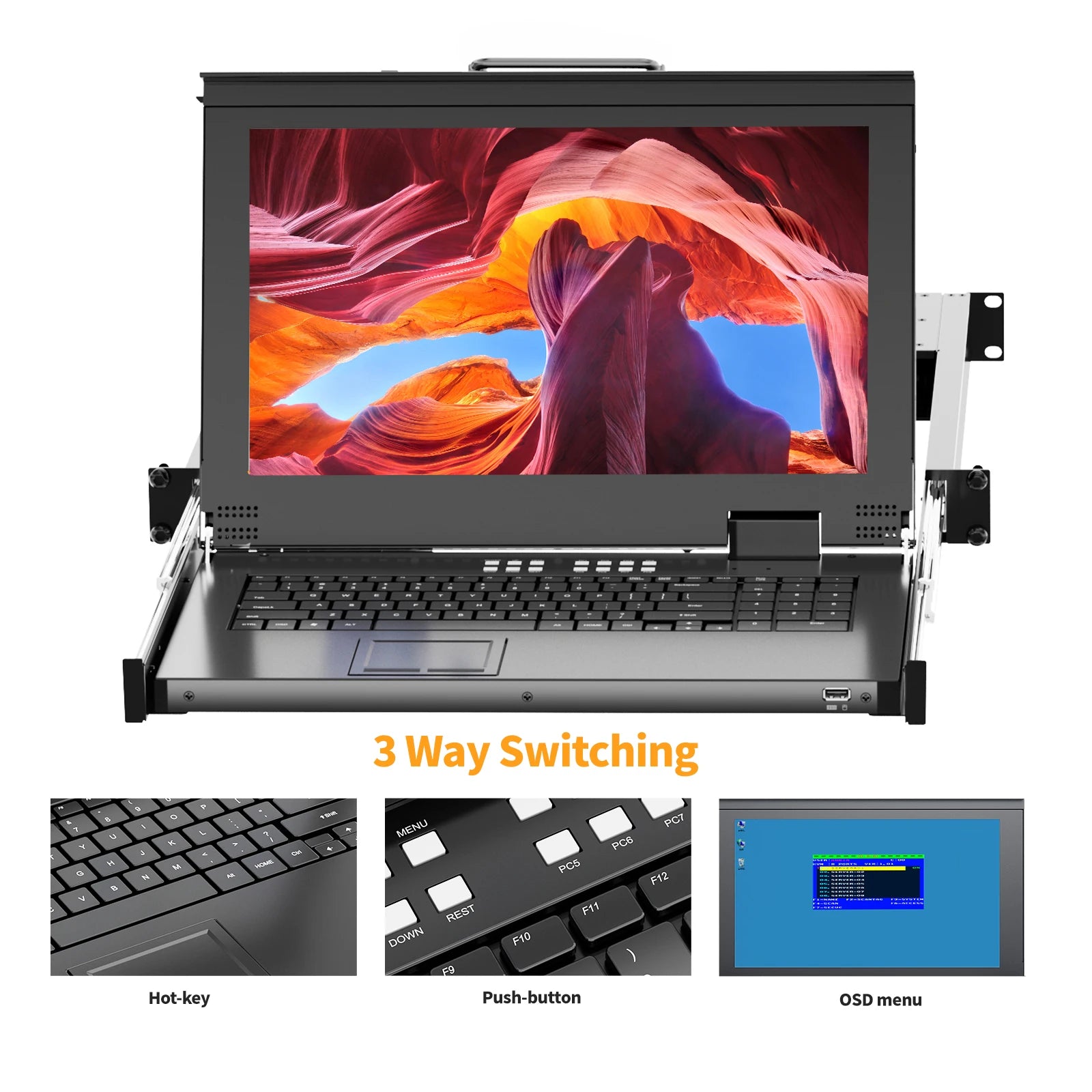 1U Rack Mount KVM Console Arvitek 15.6" LCD Monitor 8-Port for Cables Keyboard Touchpad Fits 23.6-31.5 Rack Depth Full HD