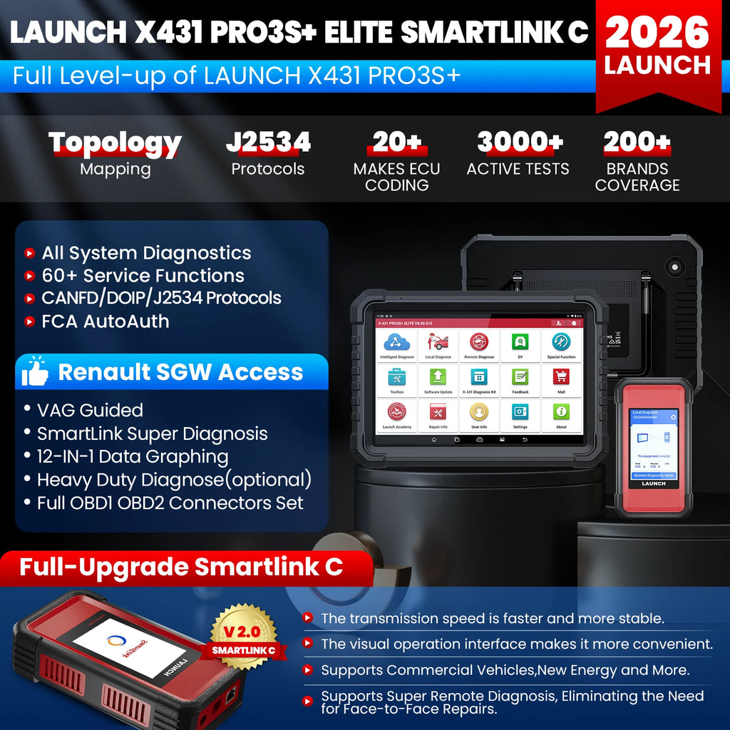 EU warehouse diagnostic tool LAUNCH 2026 X431 PRO3S+ Elite J2534 programming SmarLinkC 2.0 bi directional scanner