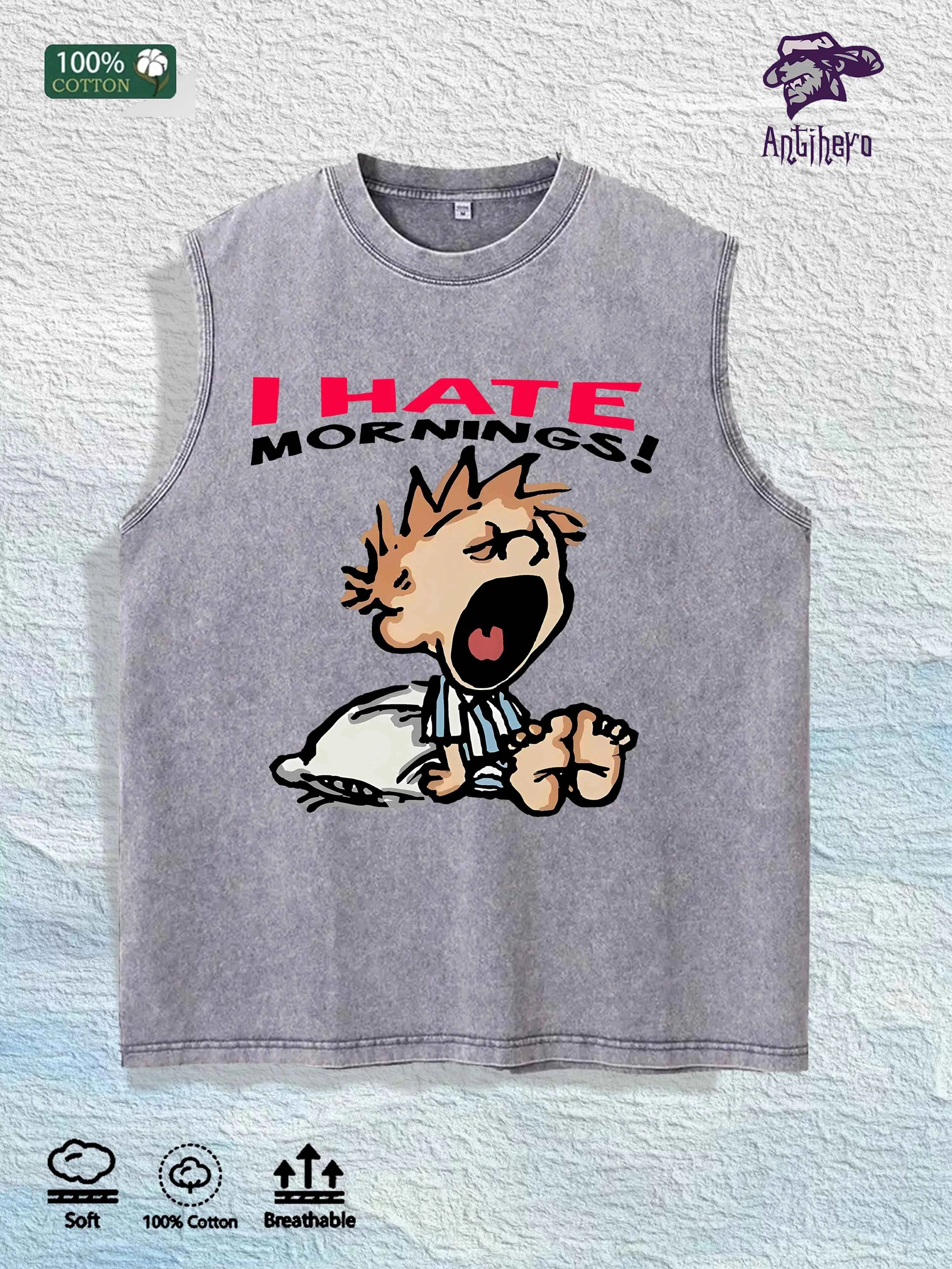 I Hate Mornings Cartoon Graphic Washed Vest US Warehouse 3 Colors Cotton Tank