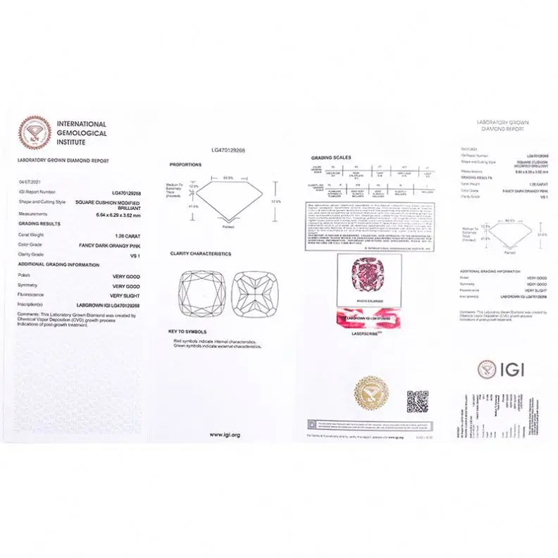 2025 Wholesale 1.26ct Carat Pink Cushion Cut Lab Grown Natural CVD Loose Diamonds VS1 Clarity With IGI Certified