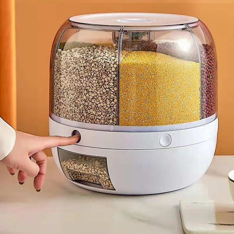 Best Seller Rice Container Kitchen Moisture-Proof 6-Grid Rotating Food Grain Dispenser Cereal Glossy Storage Box