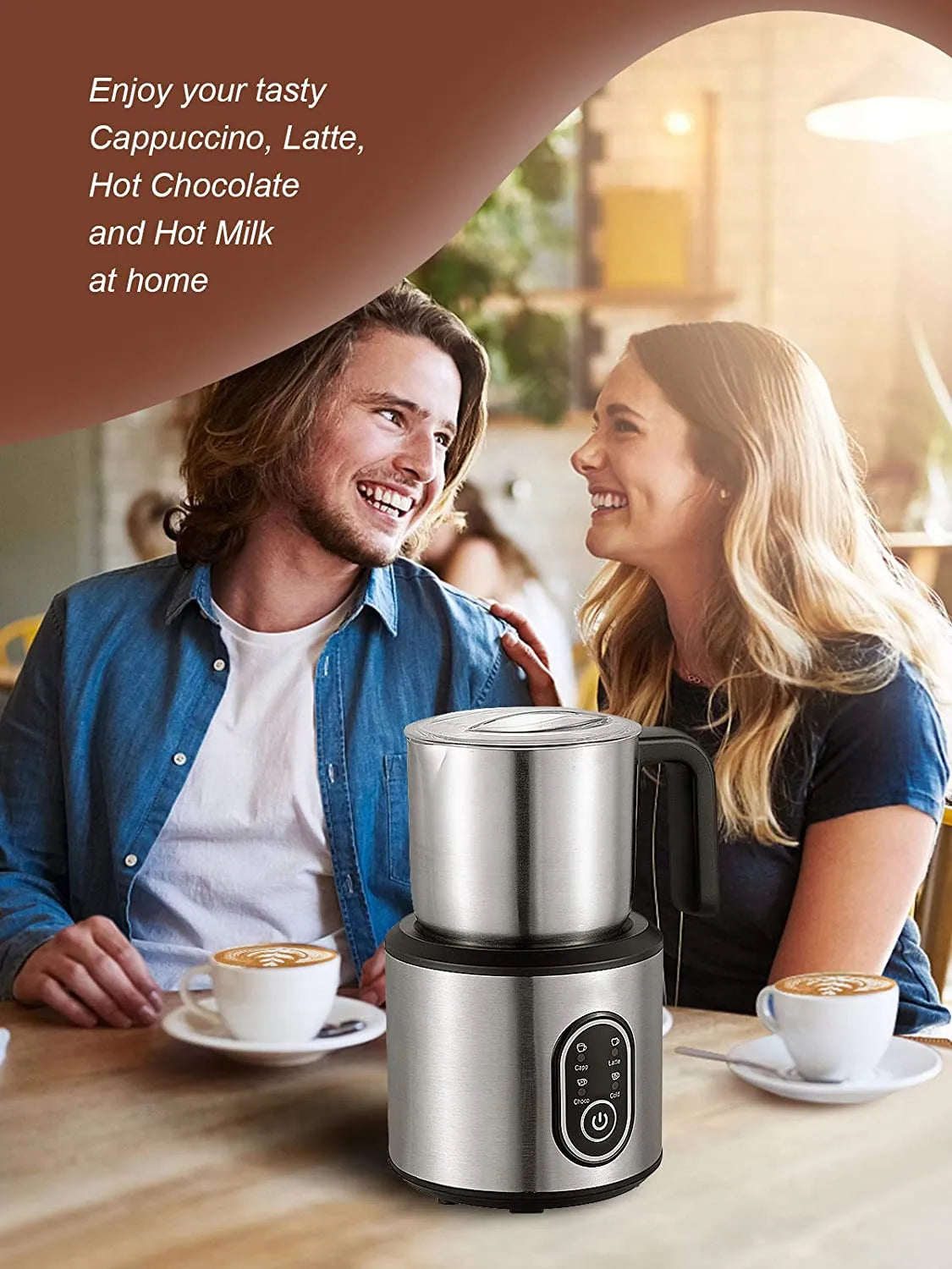 DEVISIB 4-in-1 Automatic Milk Frother Electric Instant Magic Froth 350ml Stainless Steel Pitcher Dishwasher Safe Hot and Cold
