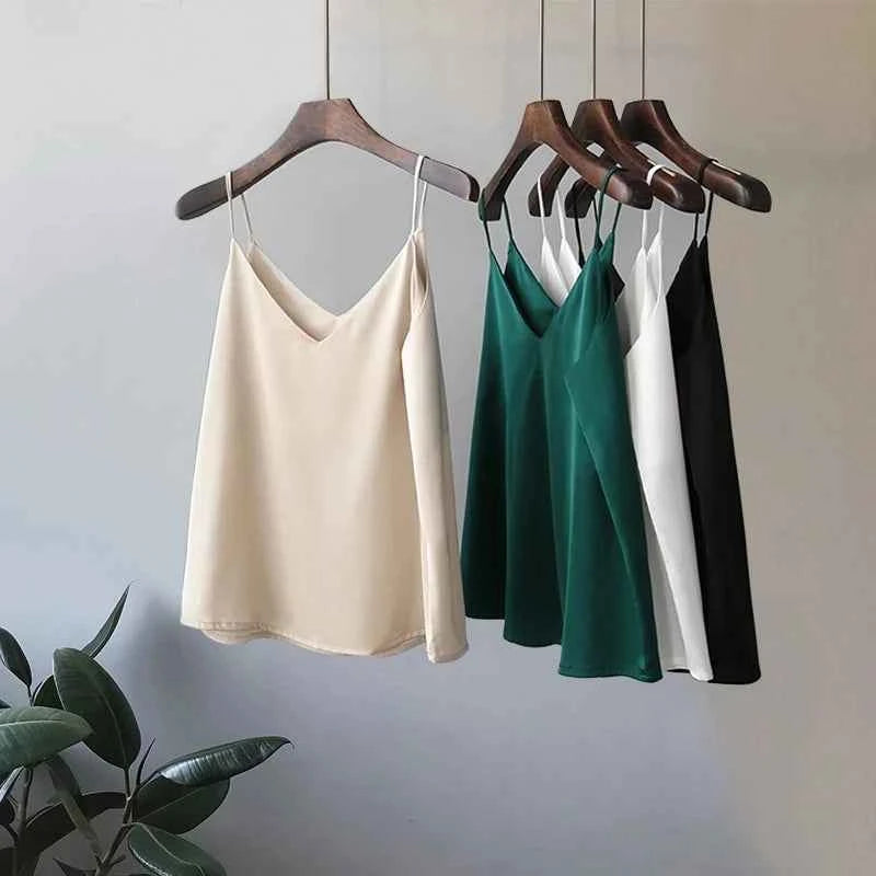 Casual V-Neck Sexy Solid Satin Woman Camis Tank Tops Chiffon Sleeveless Camisole Top Halter Camis Tops