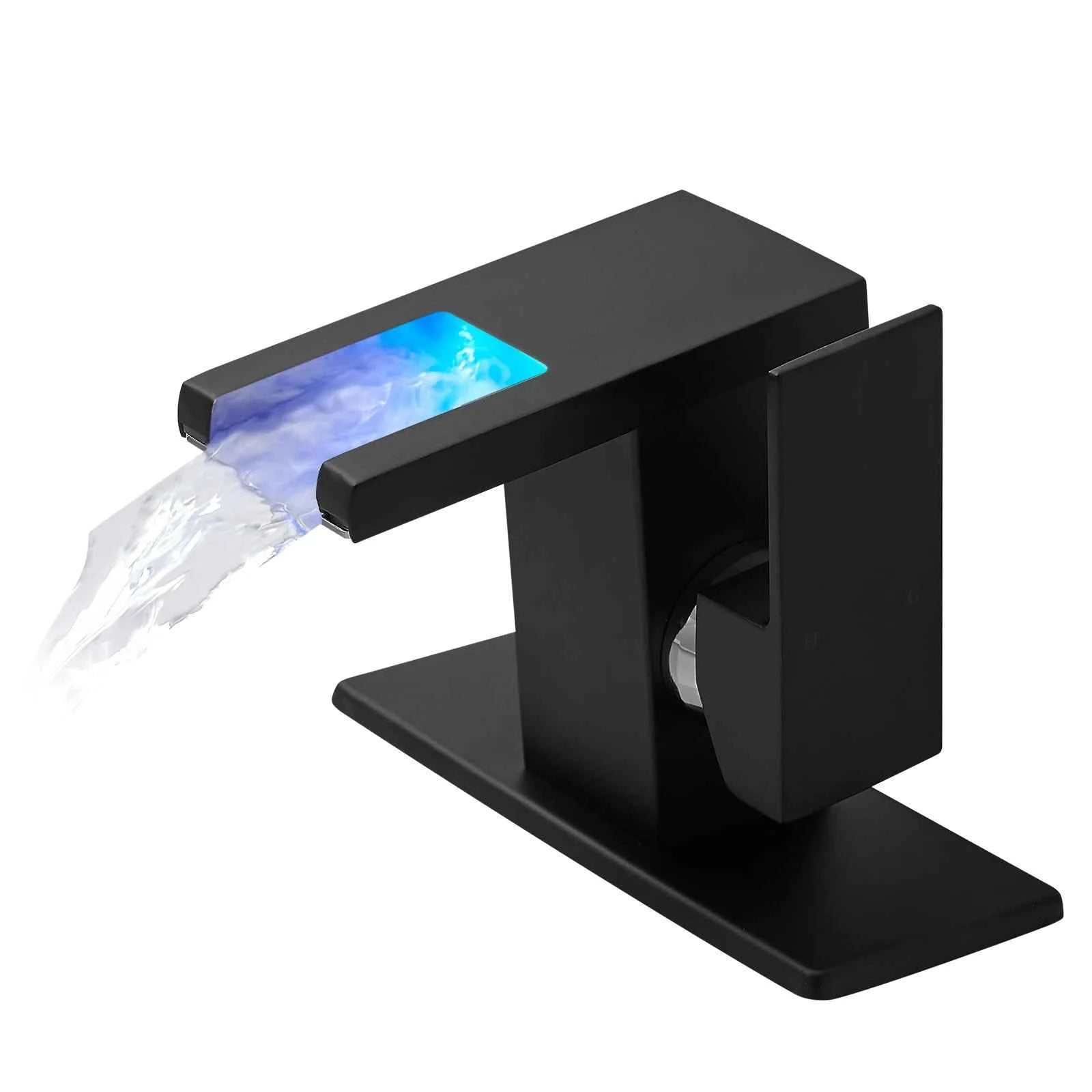 Modern LED 1-Hole Brushed Nickel Bathroom Faucet 304 Stainless Steel Waterfall Anti-Rust Lead-Free Basin Deck Plate Ceramic