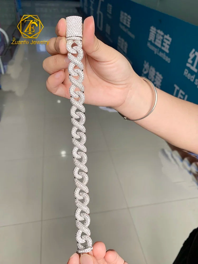 Hiphop Style 925 Silver Gold Plated 15MM Moissanite Infinity Chain Cuban Chain Necklace Bracelet Fine Chain Link Bracelets for