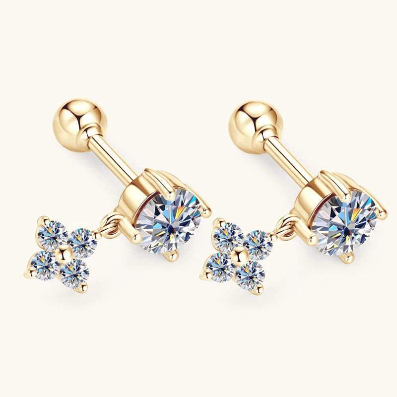 Free Shipping 10K Solid Gold 4mm & 1.6mm Round Moissanite Earrings Jewelry Delicate and Petite Dangling Earrings Wedding Gifts