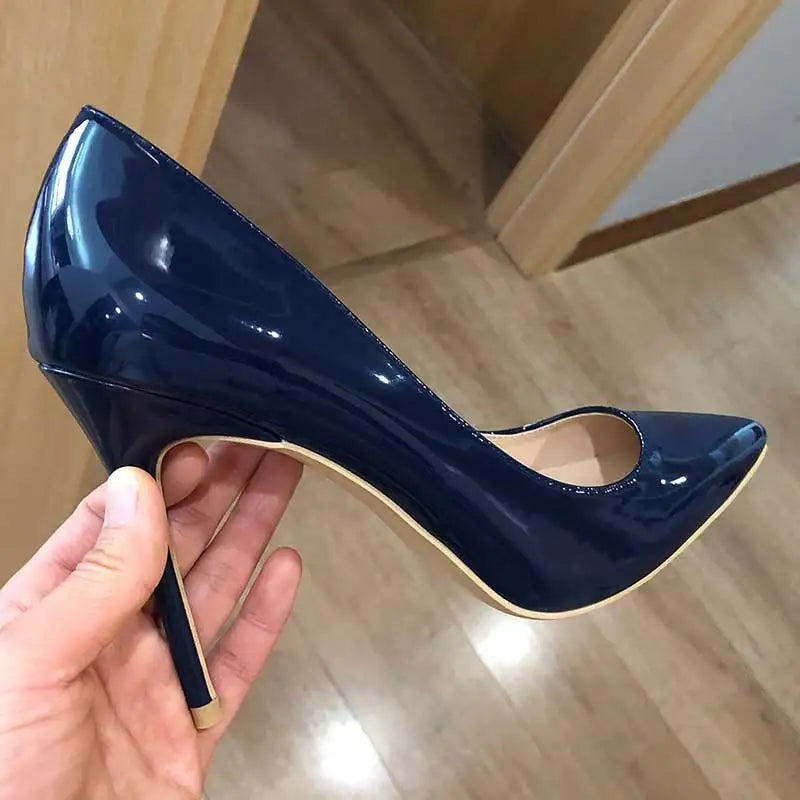 Tikicup Women Navy Blue Patent Pumps Low Cut Pointy Toe Stilettos Elegant Ladies Formal Slip On High Heels Fashion Dress Shoes