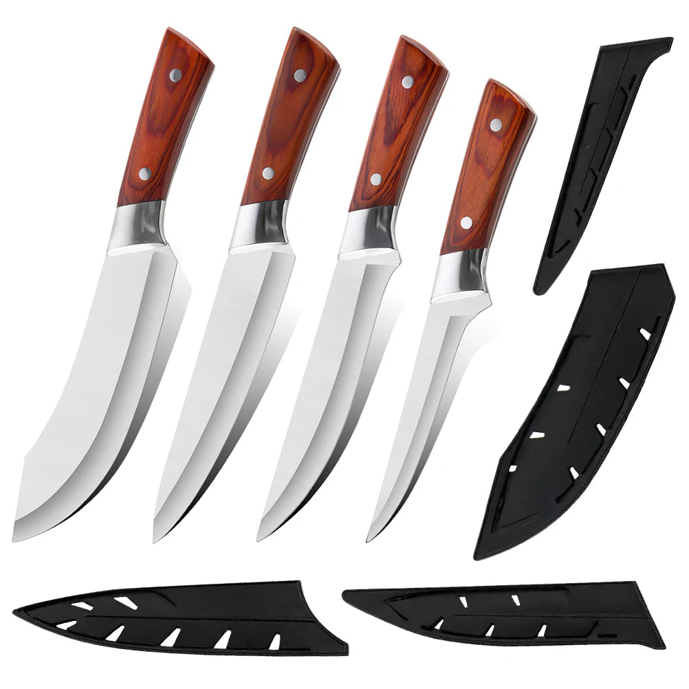 4pcs Hand Forged Butcher Knife Set-Kiritsuke Knives,Meat Cleaver Knife,Boning Knives,Butcher Knives 5Cr15MoV Steel Chef Knife