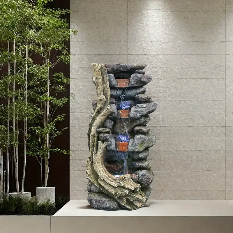 Large Resin Stacked Stone Fountain-LED Lights, Multi-Color Pond Accents