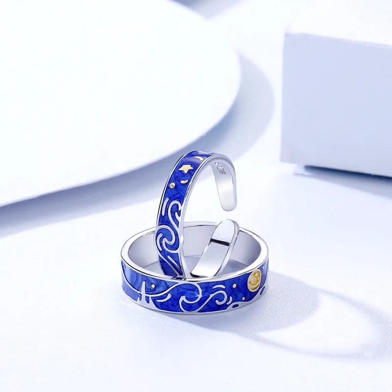 Universal High  End Elegant Sea  Blue S925 Silver Van Gogh Starry Sky Lovers Rings for Unisex